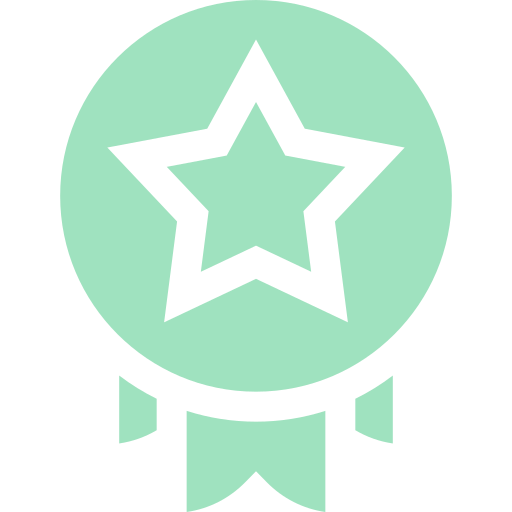 Mint green circle icon with a star and ribbon.