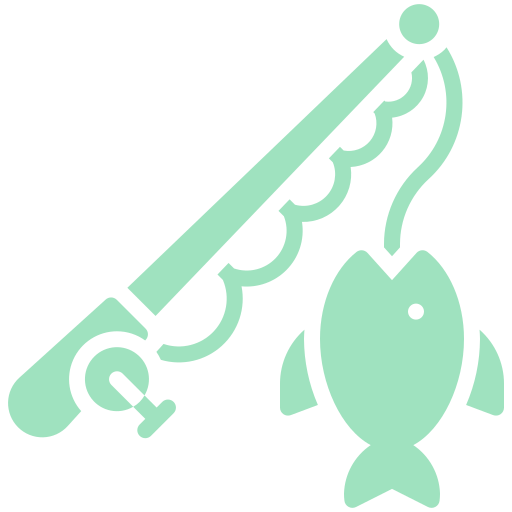 Mint green icon of a fish and fishing rod.