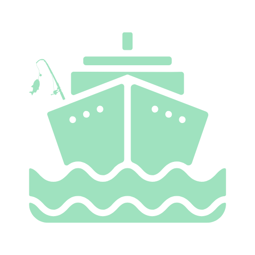 Green boat with fishing rod icon on wavy water.